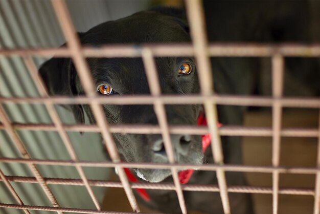 Gran perro negro con pajarita roja en el refugio