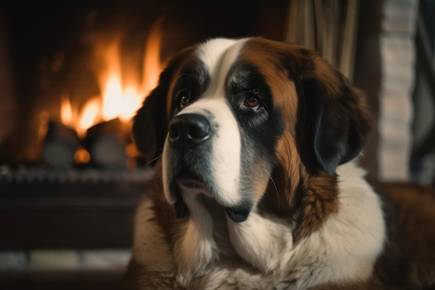 Un gran perro San Bernardo tendido frente a una chimenea Imagen generativa de IA