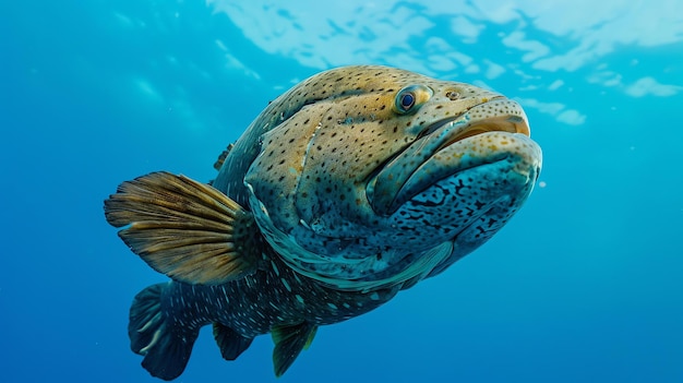 Foto un gran pez mero con una expresión de sorpresa en su cara está nadando en el océano azul