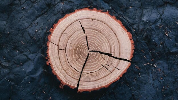 Gran pieza circular de sección transversal de madera con patrón de textura de anillo de árbol y grietas