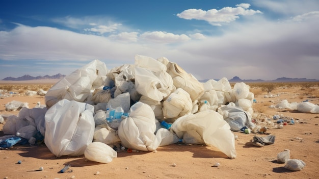 Gran pila de basura de bolsas de plástico en el desierto Ecología de la contaminación ambiental
