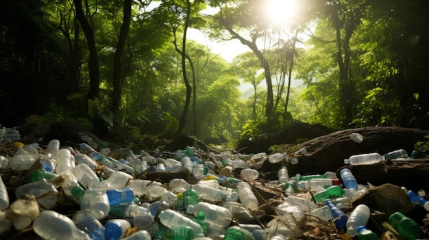 Gran pila de basura de botellas de plástico en el bosque Ecología de la contaminación ambiental
