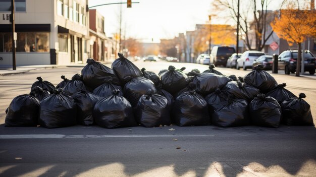 Foto gran pila de bolsas de basura de plástico en las calles contaminación ambiental ecología