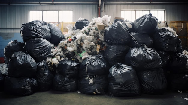 Gran pila de bolsas de basura de plástico en la oficina Ecología de la contaminación ambiental