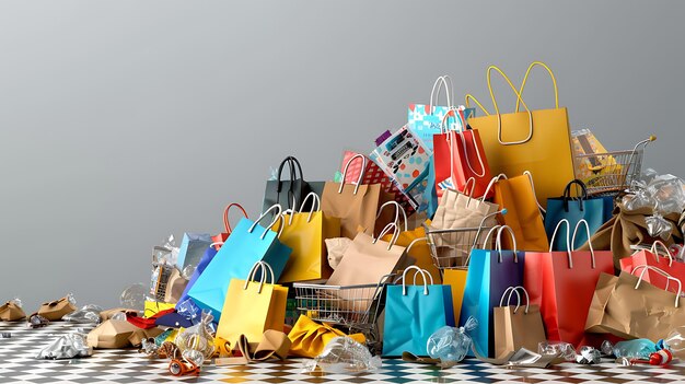 Una gran pila de bolsas de compras coloridas y un carrito de compras están en el centro de la imagen Las bolsas son de varios tamaños y colores