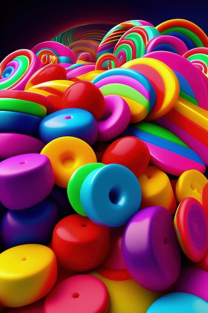 Una gran pila de coloridos anillos de goma con la palabra caramelo en papel tapiz de estilo 3d