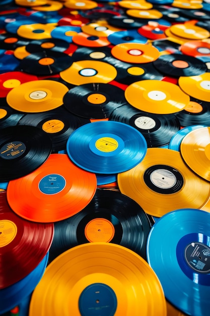 Foto una gran pila de discos de vinilo de colores