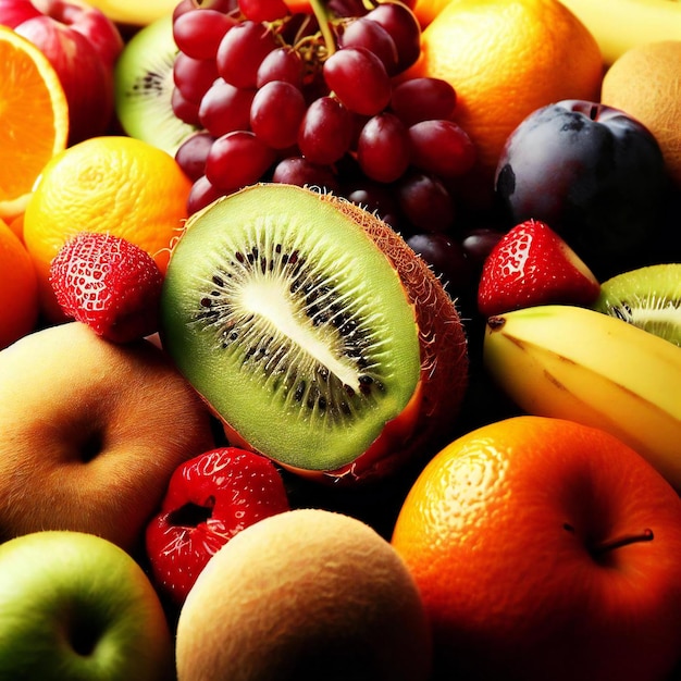 Una gran pila de fruta que incluye kiwi, kiwi, naranja y otras frutas.