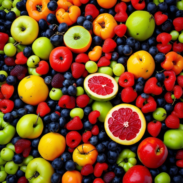 Una gran pila de fruta que incluye pomelo, arándanos y otras frutas.
