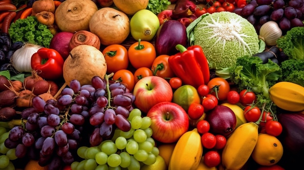 Una gran pila de frutas y verduras.