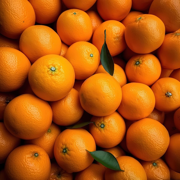 Una gran pila de naranjas con hojas verdes.