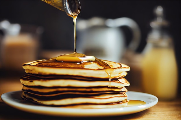 Gran pila de panqueques con jarabe viscoso dulce en un plato plano