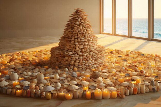 Una gran pila de rocas está rodeada de velas y una gran pirámide de guijarros.