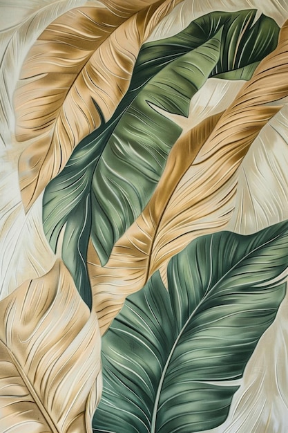 una gran pintura de hojas tropicales en un fondo beige en el estilo de verde claro y gris