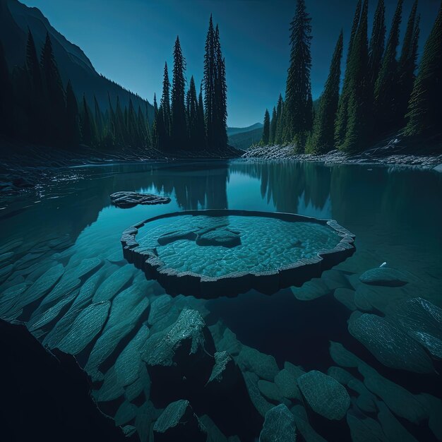 Una gran piscina de agua en medio de una montaña.