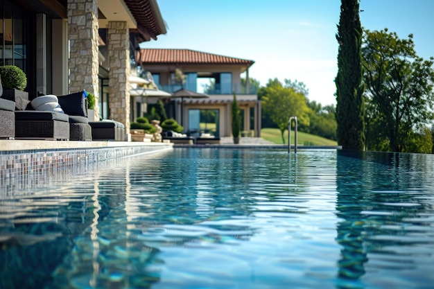 Foto gran piscina al lado de la casa.