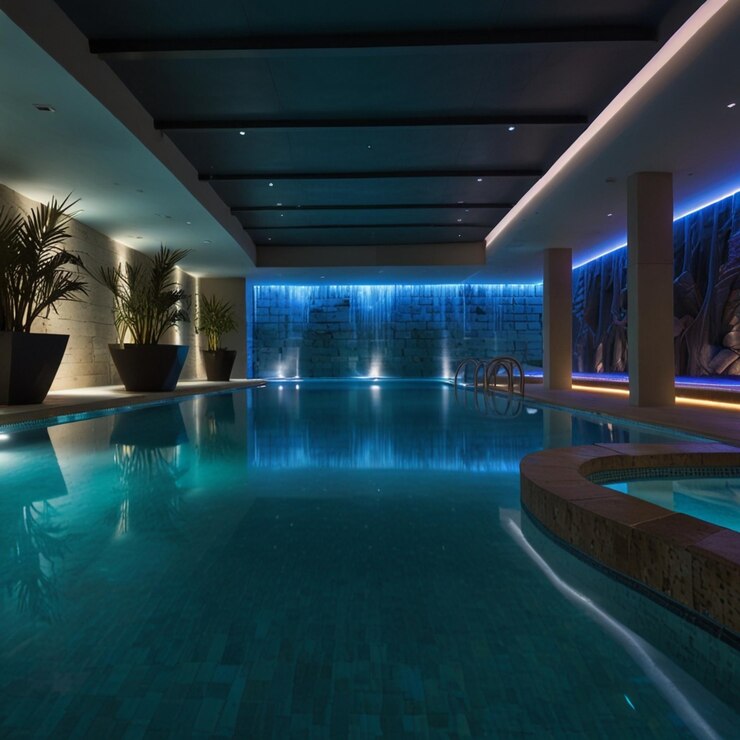 una gran piscina cubierta moderna con iluminación azul y una cascada
