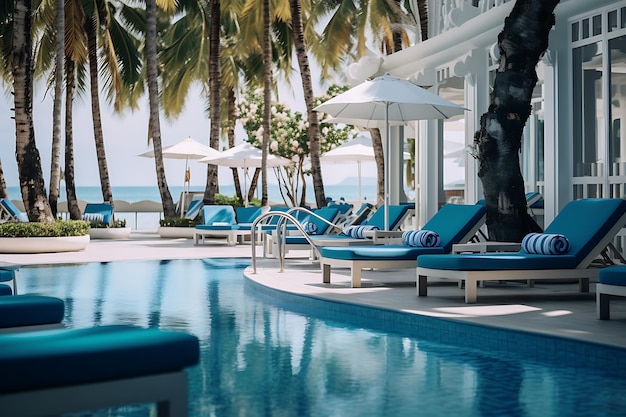 La gran piscina del hotel está rodeada de sillas y sombrillas.