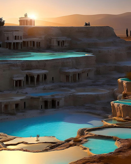 Una gran piscina con una montaña al fondo.