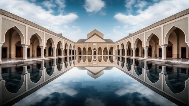 Una gran piscina con un reflejo del palacio de la alhambra en el cielo.