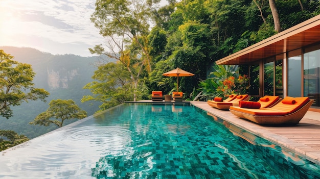 Una gran piscina rodeada de árboles verdes y exuberantes