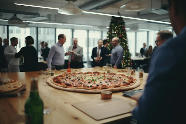 una gran pizza en la mesa de la oficina rodeada de gente en una atmósfera de Año Nuevo.