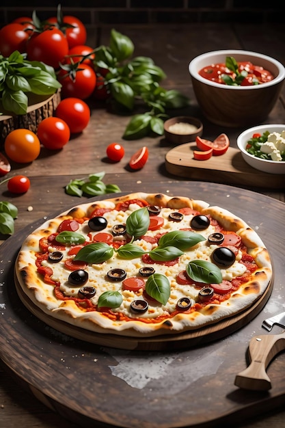 Foto gran pizza tradicional en una mesa de madera rústica generada por la ia