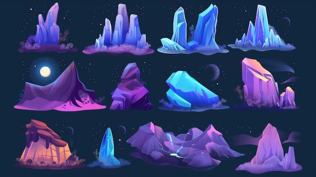 Gran planeta alienígena azul con musgo en él Ilustración de dibujos animados de un diseño de paisaje de montaña lleno de pilas de rocas y cañones rocosos