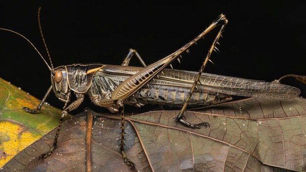 Un gran plano de un saltamontes en una hoja en un entorno oscuro