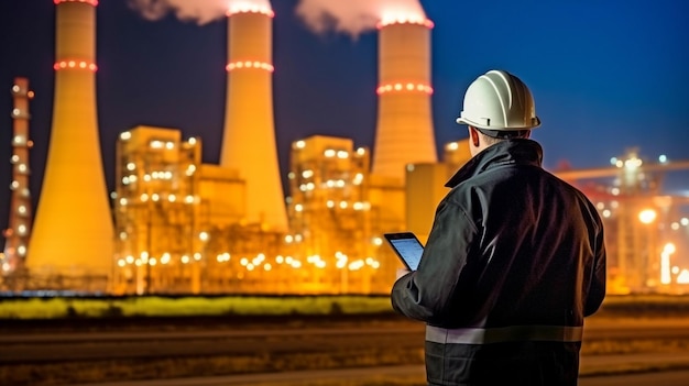 Una gran planta de energía eléctrica está frente a un ingeniero que usa una tableta y IA generativa