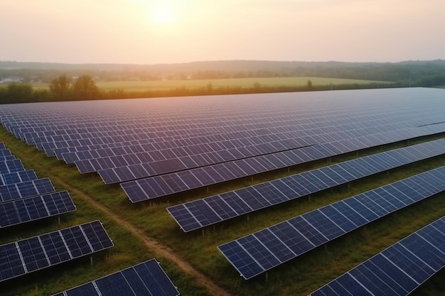 gran planta de energía eléctrica con muchas filas de paneles solares fotovoltaicos