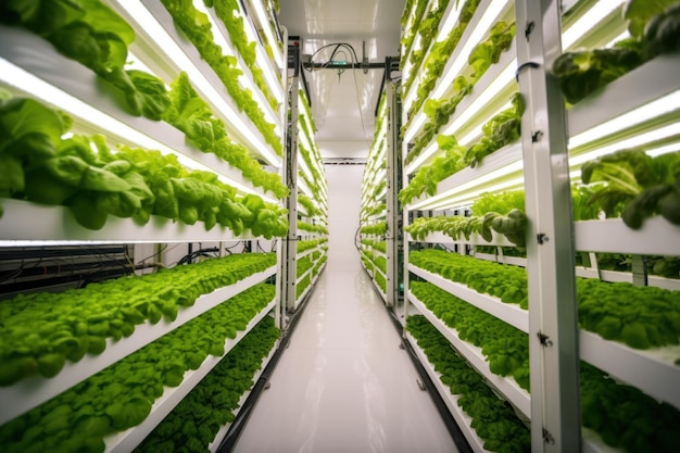 Una gran planta hidropónica de interior con lechuga creciendo en ella.