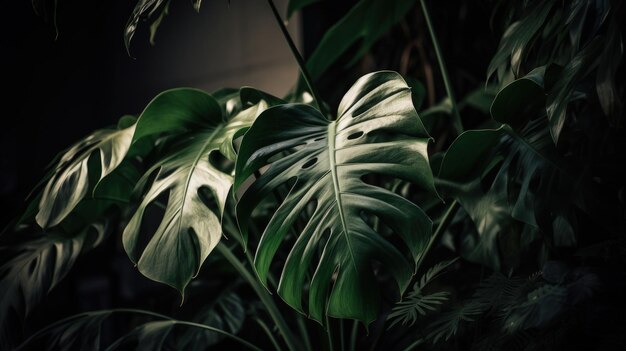 Una gran planta de hojas verdes en una habitación oscura