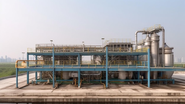 Una gran planta industrial con un cielo azul de fondo.