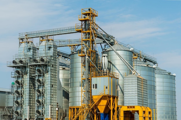 Una gran planta moderna para el almacenamiento y procesamiento de cultivos de cereales vista del granero en un día soleado contra el cielo azul Fin de la temporada de cosecha