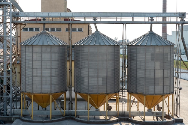 Una gran planta moderna para el almacenamiento y procesamiento de cultivos de granos vista del granero en un día soleado barriles cerrados Fin de la temporada de cosecha Reserva estratégica de granos en el centro de la ciudad