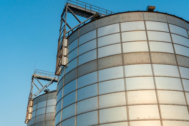 Una gran planta moderna cerca de un campo de trigo para el almacenamiento y procesamiento de cultivos de cereales vista de los silos de plata iluminados por la luz del sol poniente contra la temporada de cosecha del cielo azul