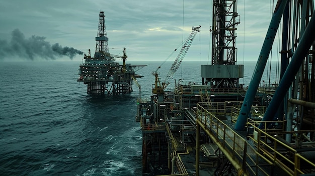 una gran plataforma petrolera está en el agua y está en primer plano