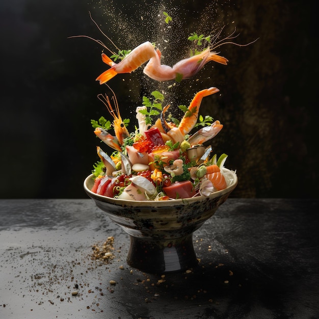 Foto un gran plato de comida con peces voladores y verduras