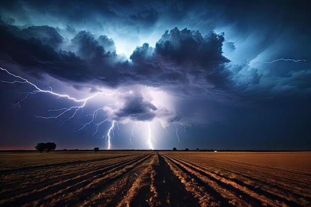 Foto una gran y poderosa tormenta eléctrica sobre las tierras de cultivo en nebraska por la noche.