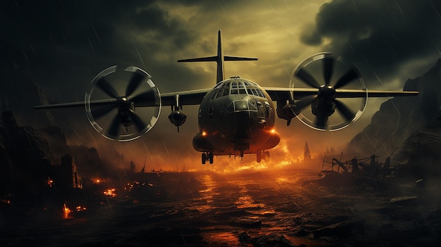 Foto un gran y poderoso avión hércules en medio de la guerra preparándose para disparar a objetivos de guerra generar ia