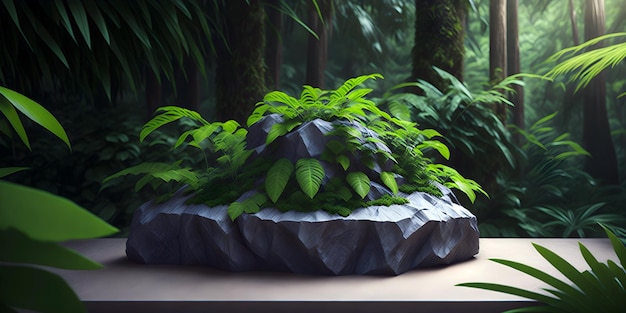 Foto gran podio de piedra en el bosque de la jungla ilustración 3d