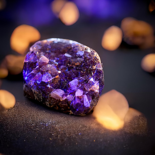 Gran primer plano de piedras preciosas amatista sobre fondo oscuro con luces bokeh Cristal de amatista púrpura Gemas violetas de piedras preciosas violetas