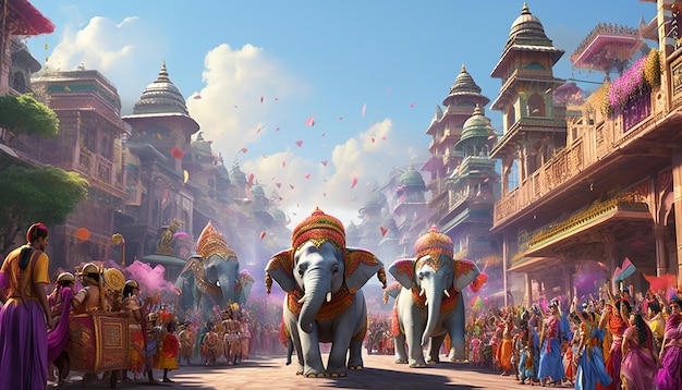 una gran procesión de Holi en 3D a través de una antigua ciudad india