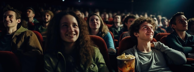 Foto un gran público que lo vitorea en una sala de cine ve una comedia conmovedora