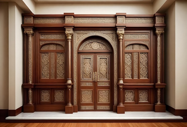 una gran puerta de madera con tallas ornamentadas
