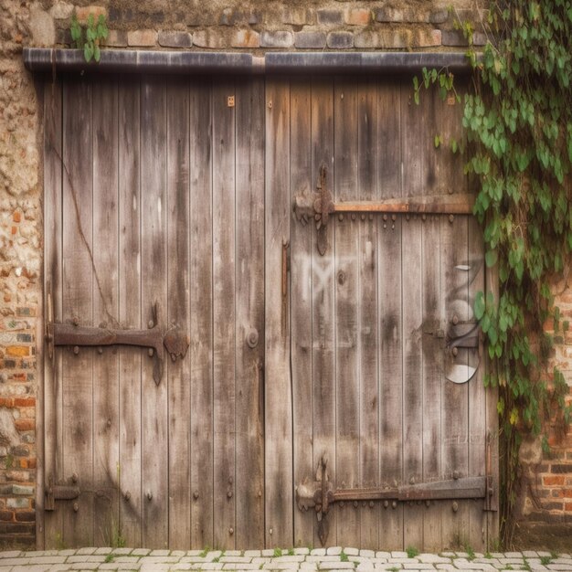 Una gran puerta de madera con una vid verde que crece sobre ella.