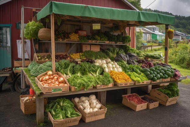 Gran puesto de verduras con una variedad de productos frescos para los clientes creados con AI generativa