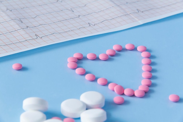 Un gran puñado de pastillas rosas se encuentran en forma de corazón en un electrocardiograma sobre un fondo azul El concepto de un estilo de vida saludable y un examen médico oportuno
