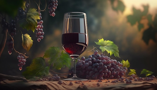 Una gran rama de uvas azules y una copa de vino tinto IA generativa